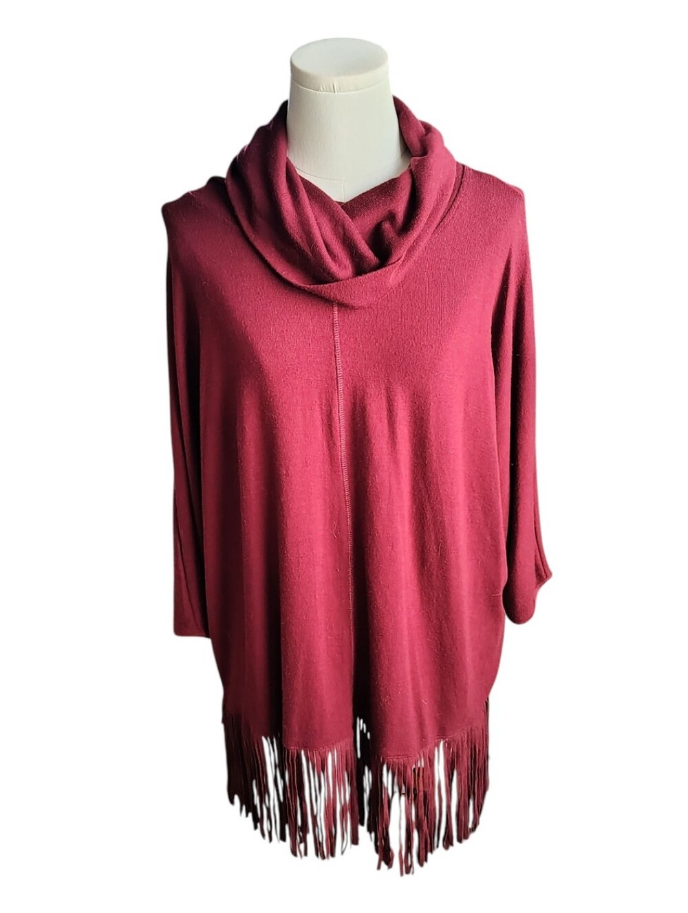 Terre Bleue Faux Leather Soft Cowl Fringe Maroon  Tunic Sweater Size Medium